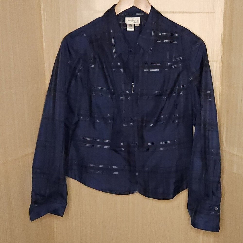 Coldwater Creek Silk Blend Blue Plaid Full Zip Lightweight Blazer Jacket Large